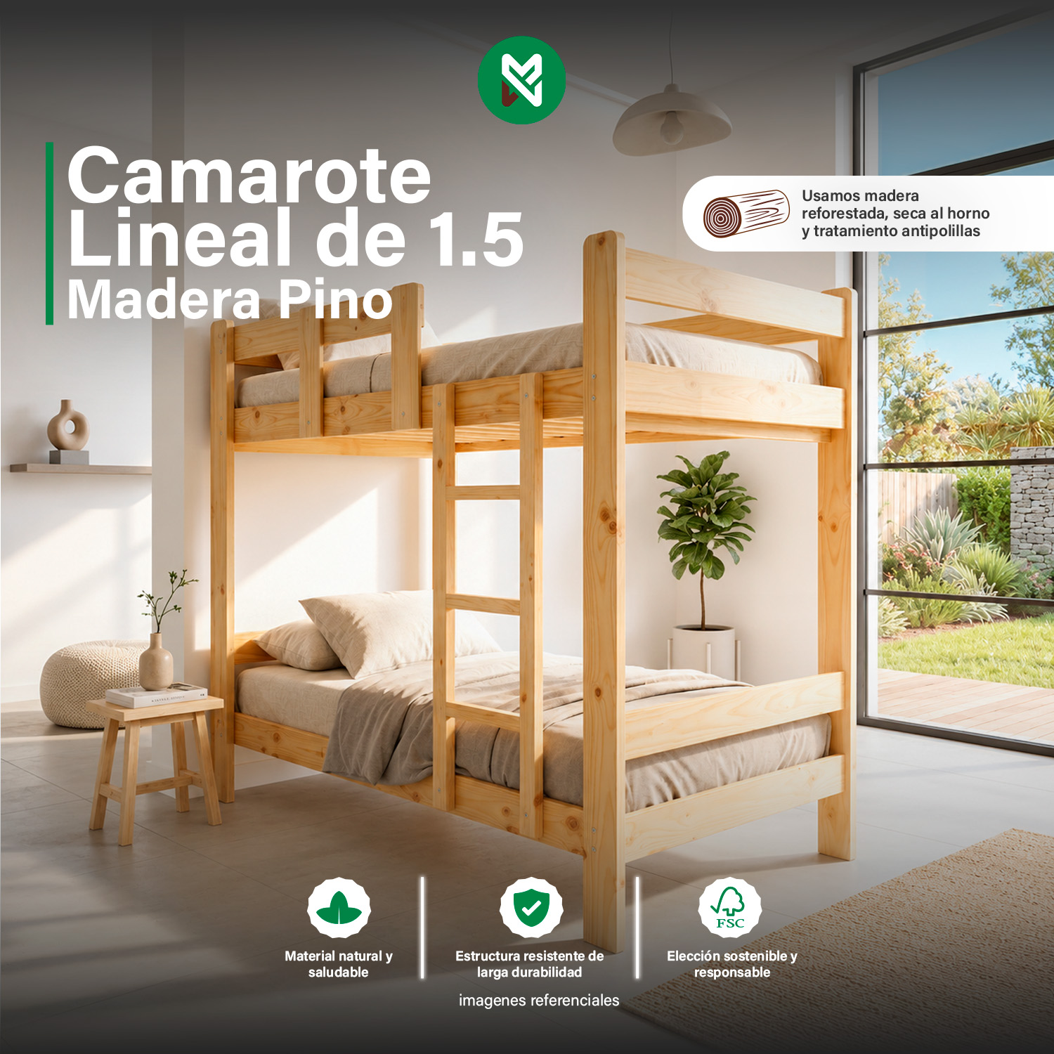 CAMAROTE 1.5 PLAZAS PINO DE 1.5″ X 5″+ ACAB. LAQUEADO - Imagen 2