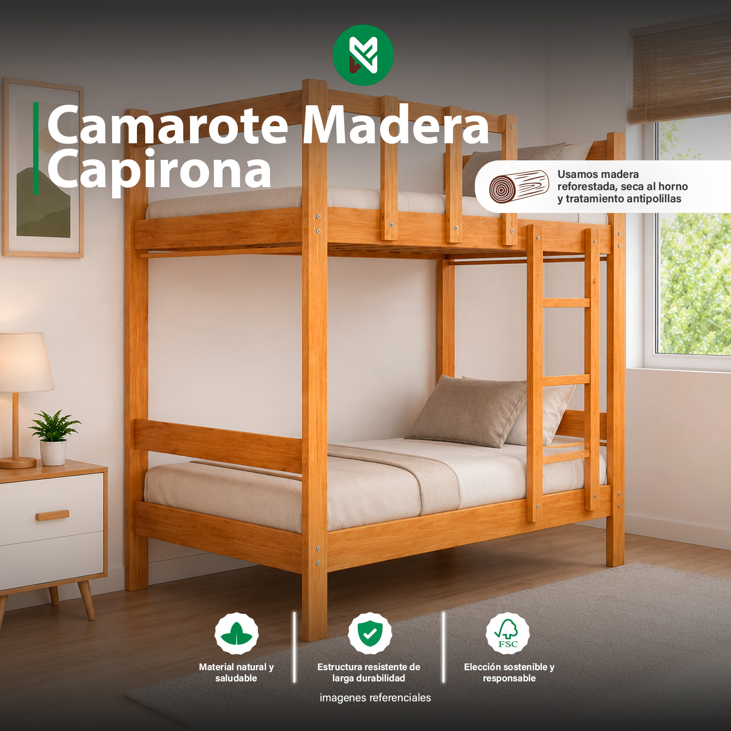 Camarote 1.5 plazas de Madera Capirona + Acabado Laqueado - Imagen 2