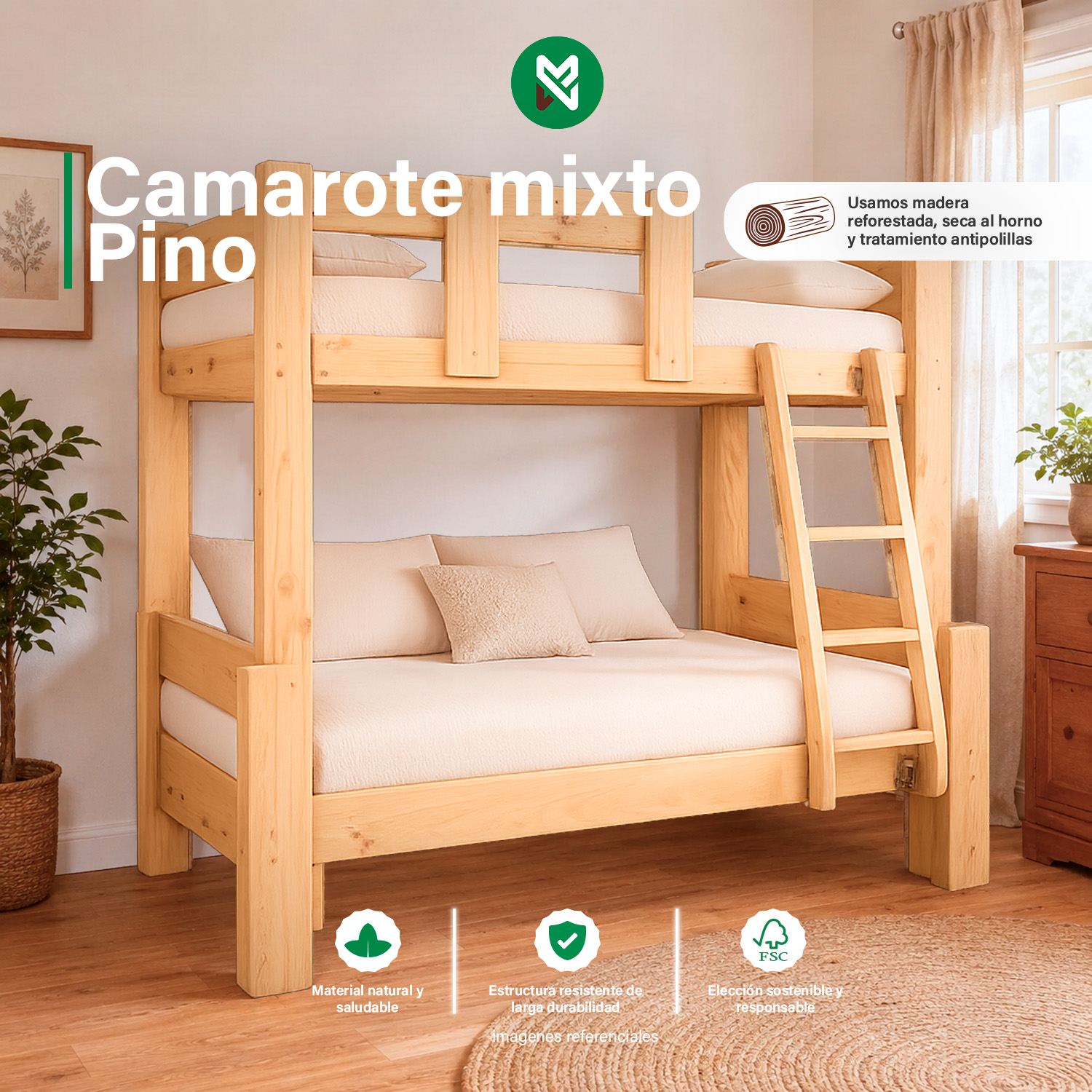 CAMAROTE MIXTO DE PINO DE 1"x 6" + ACABADO LAQUEADO - Imagen 2