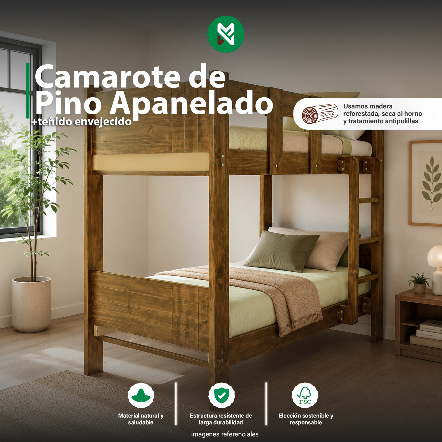 CAMAROTE 1.5 PLAZAS PINO DE 1.5″ X 6″ APANELADO+ ACAB. LAQUEADO + TEÑIDO ENVEJECIDO - Imagen 3