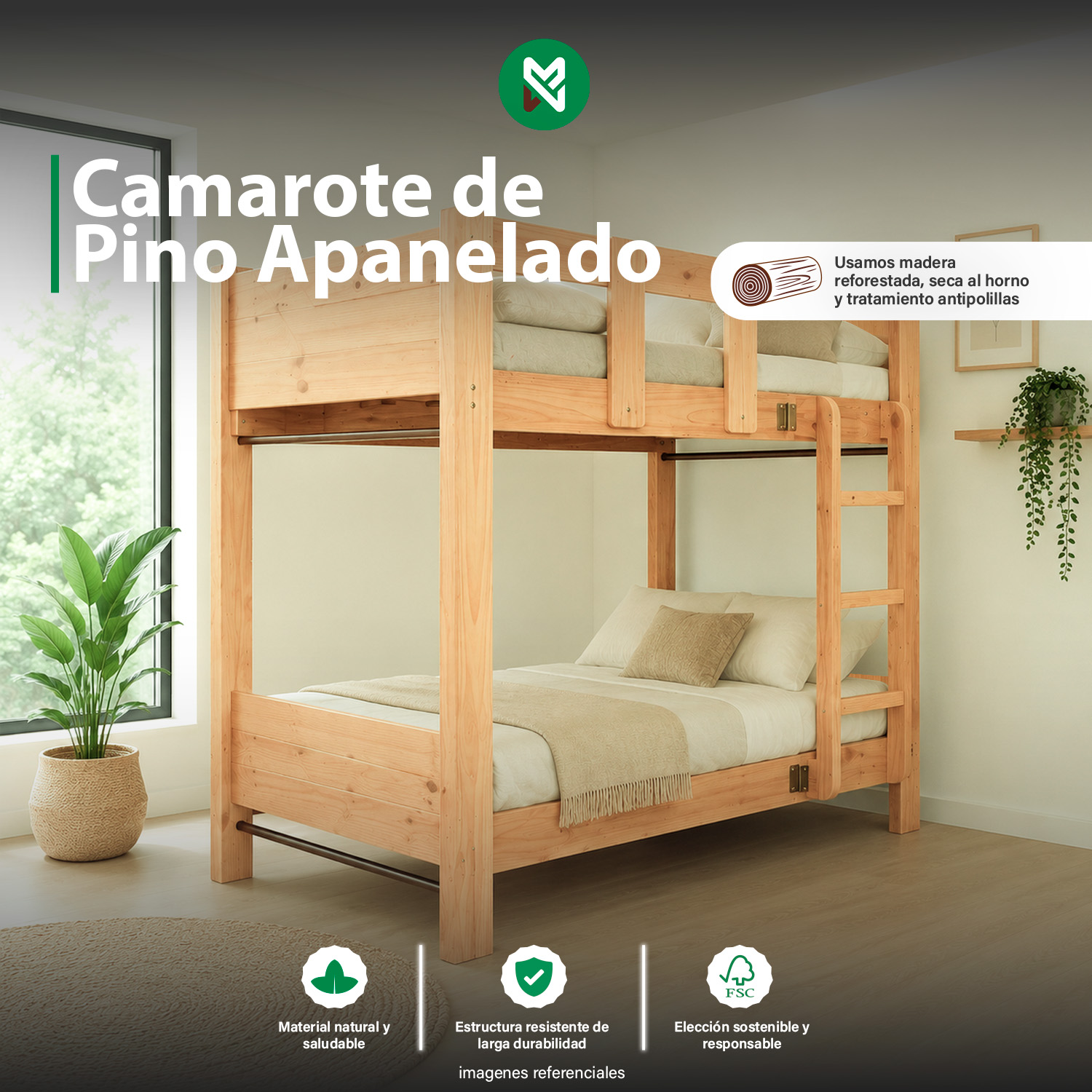 CAMAROTE 2 PLAZAS PINO DE 1.5´ X 6´ APANELADO + ACABADO LAQUEADO - Imagen 4