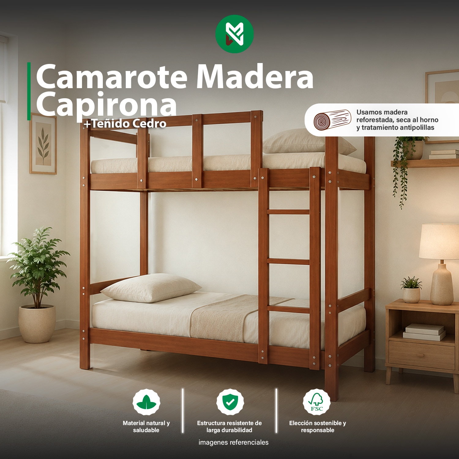 Camarote 1.5 plazas de Madera Capirona + Acabado Laqueado + Teñido Cedro - Imagen 2