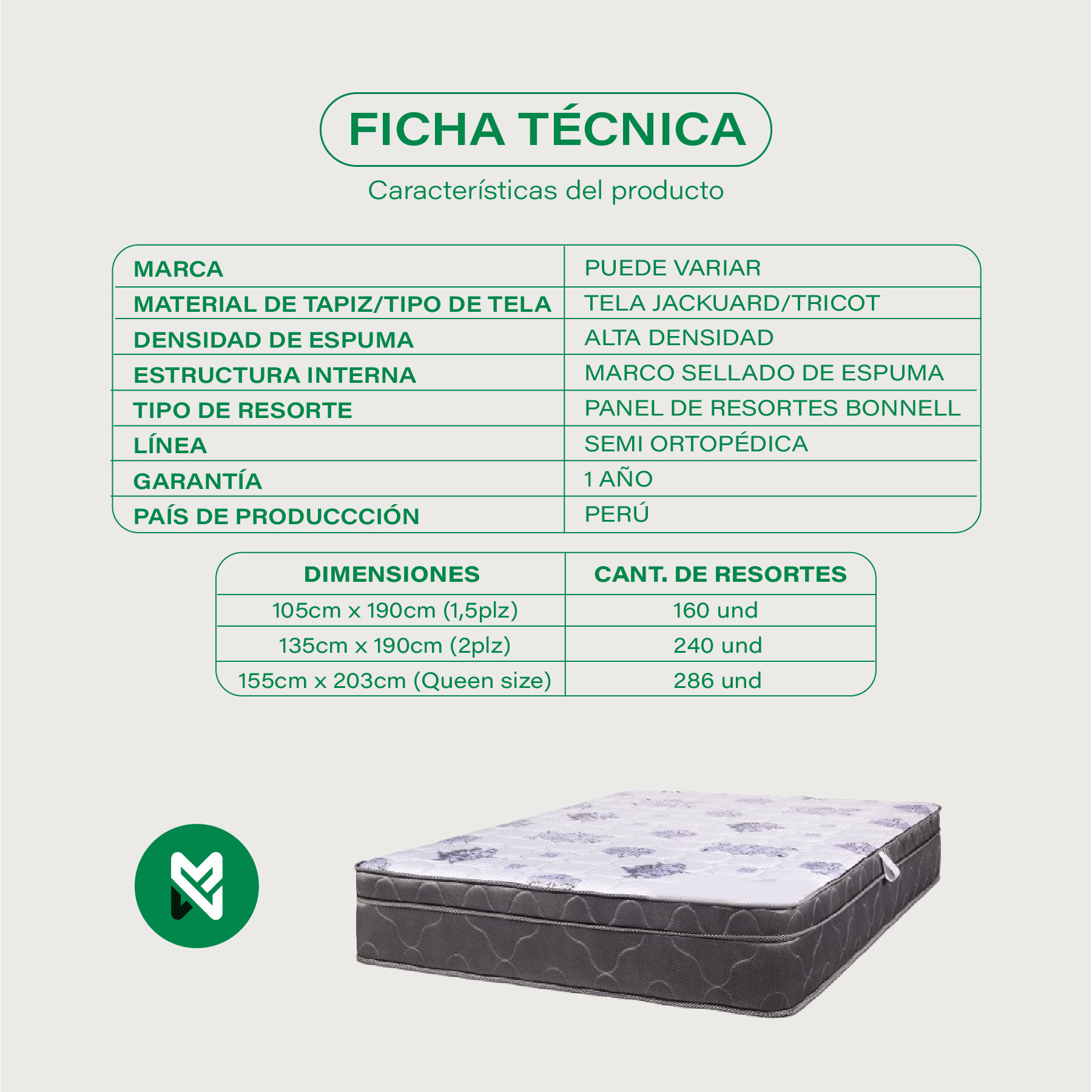COLCHON SEMI ORTOPEDICO / 1.5 PLAZAS (160 RESORTES) - Imagen 2