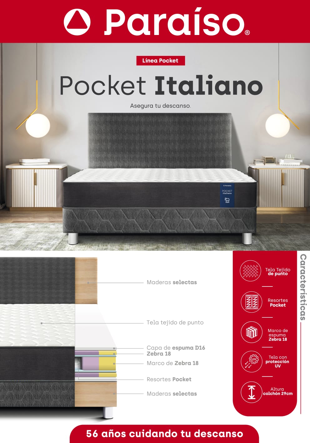 COLCHON PARAISO MODELO: POCKET ITALIANO / QUEEN (RESORTES POCKET) + 1 ALMOHADA + 1 PROTECTOR - Imagen 2
