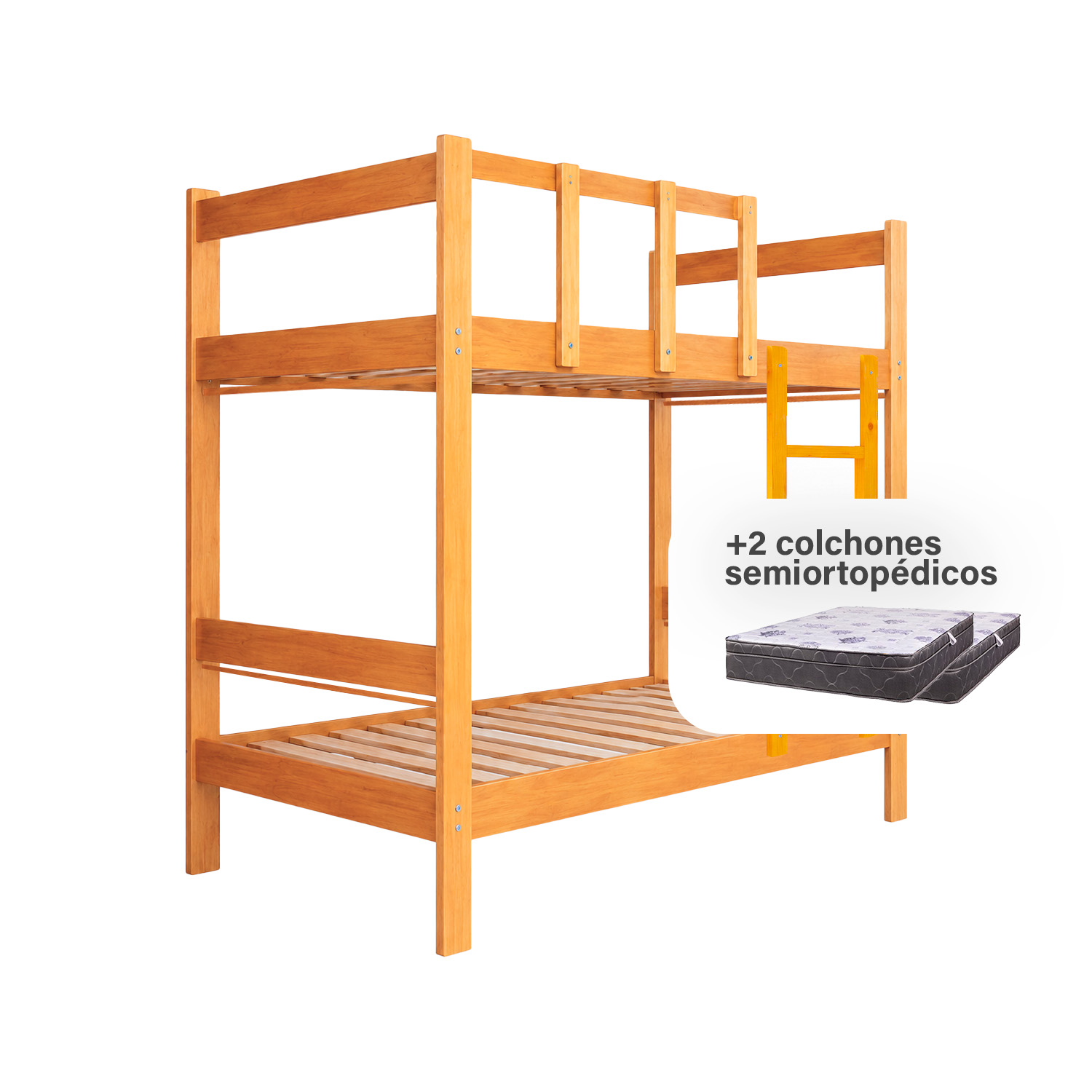 COMBO: CAMAROTE DE MADERA COLOR NATURAL DE 1.5 PLAZAS + 2 COLCHONES + 2 ALMOHADAS